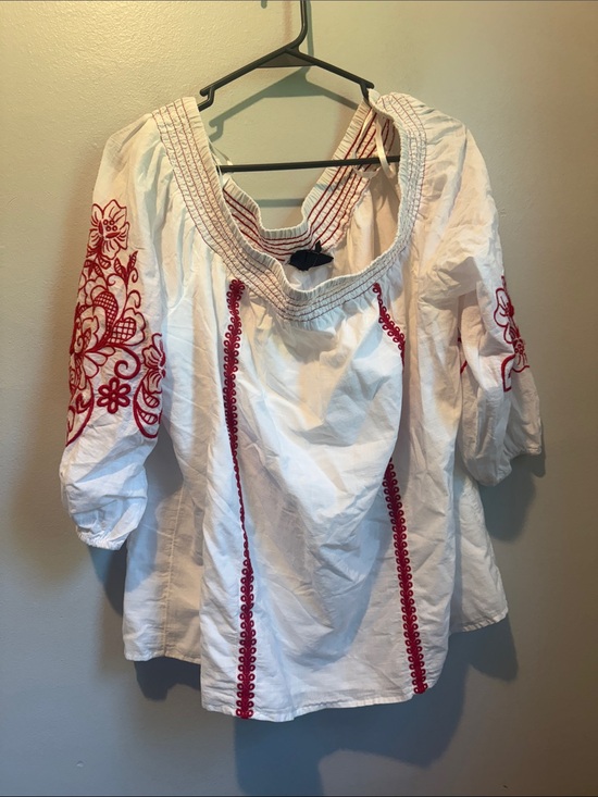 Lane Bryant Tops - Lane Bryant 18 20 White Peasant Blouse with Red Embroidery